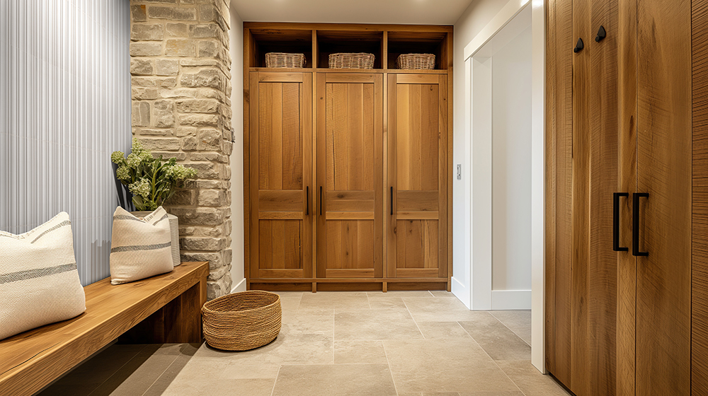 A white fluted wall tile with vertical grooves in a modern mudroom with natural wood cabinetry and stone effect flooring.
