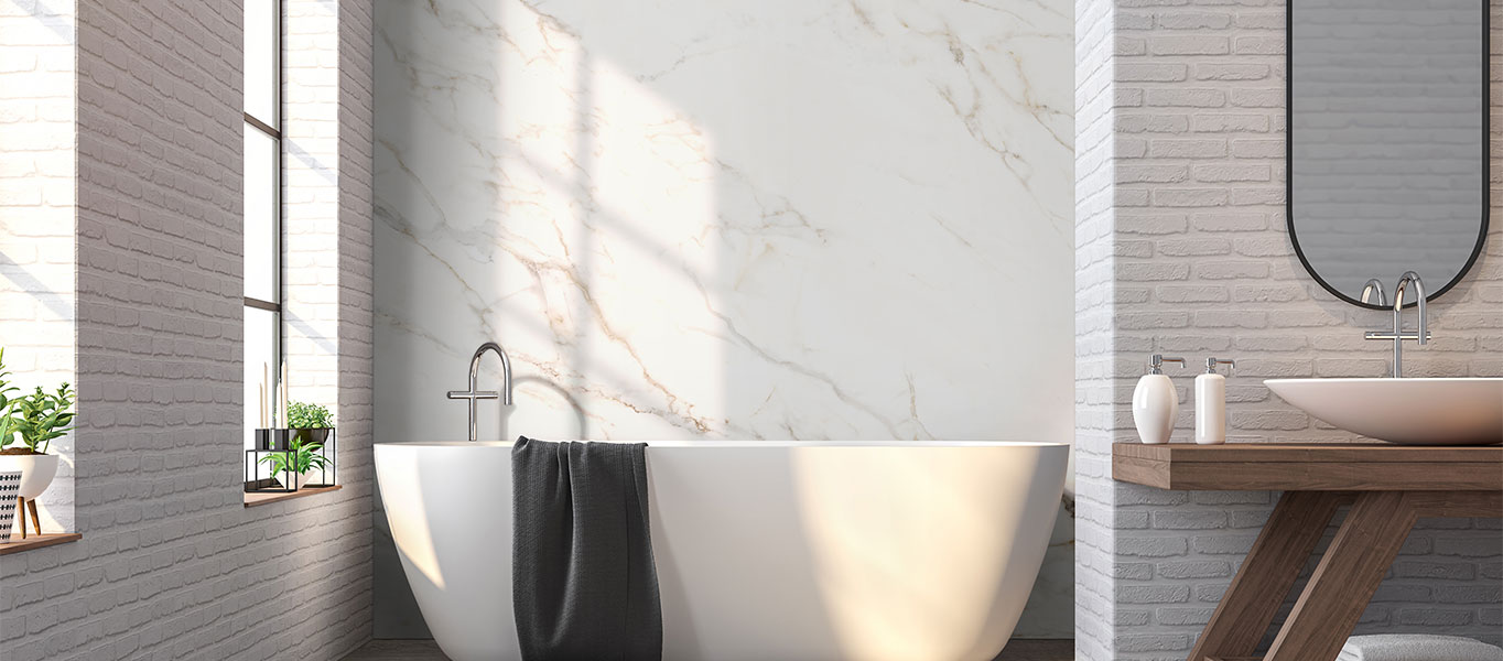 Bathroom featuring Brickstone tile and Stile porcelain slab covered wall