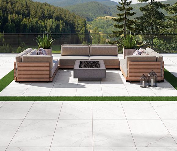 Outdoor patio with Arterra porcelain pavers featuring a natural stone look and ZeroSlip surface.