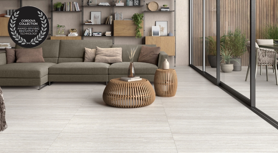 Living room with Cordova large format porcelain tile flooring featuring innovative 3D surface technology.
