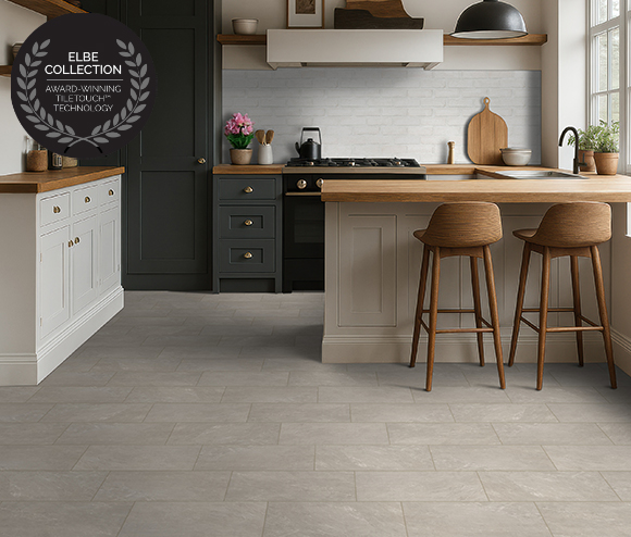 Modern kitchen with Elbe porcelain tile flooring in neutral tones and contemporary design.