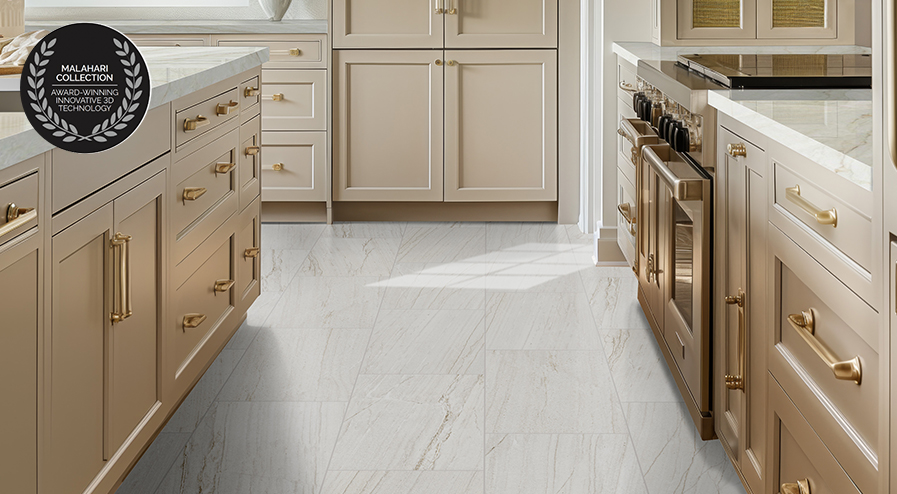 Kitchen with Malahari porcelain floor tile in marble look design and award-winning 3D finish.