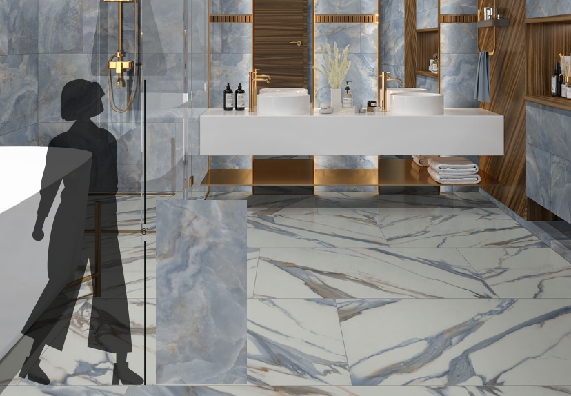Luxury bathroom with large format porcelain tile flooring and walls