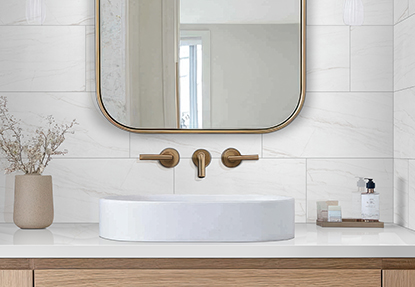 Bathroom vanity wall with marble look porcelain tile in classic white design