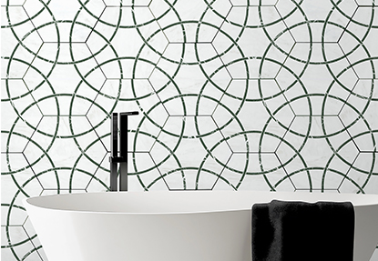 Bathroom wall with patterned porcelain tile in trending contemporary design