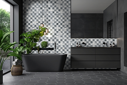 Natural stone checkerboard bathroom wall