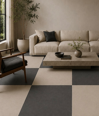 Cementique checkerboard living room inspiration