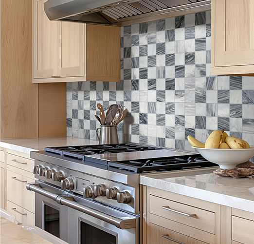 Checkerboard tile kitchen backsplash