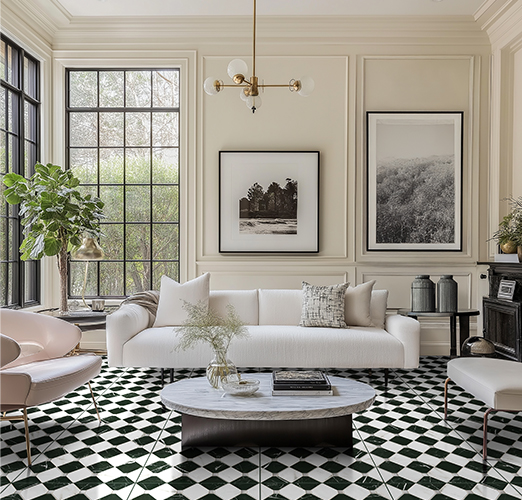 Checkerboard tile living room