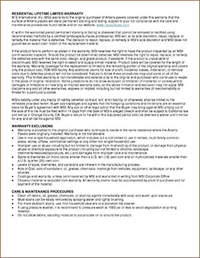 Arterra pavers residential and commercial Warranty