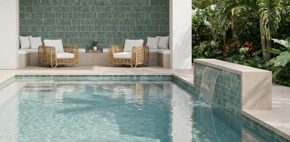 Gems Collection porcelain pool tile around outdoor pool