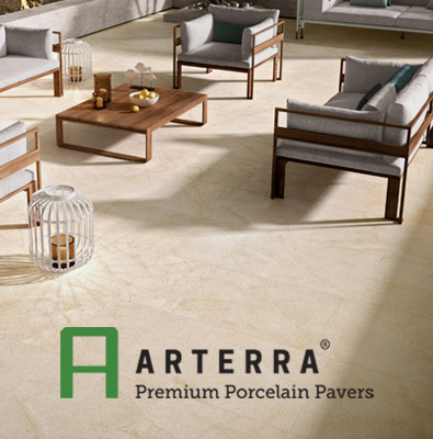 Arterra Premium Porcelain Pavers graphic with pavers room scene