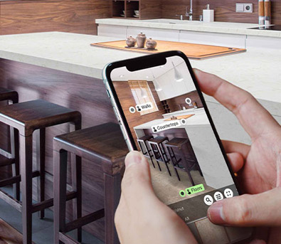 Virtual kitchen design with quartz counters and wood flooring