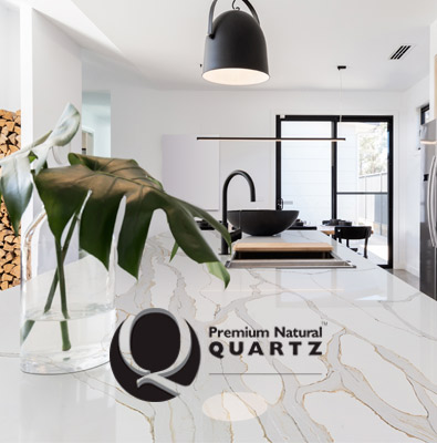 Q Premium Natural Quartz kitchen countertop with logo