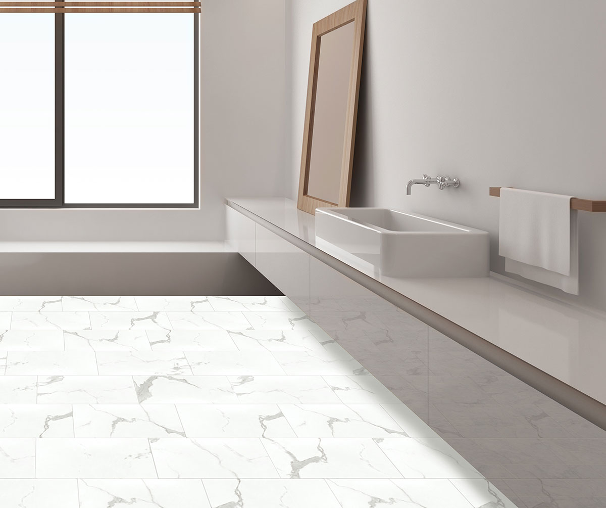 Calcatta Marbella Luxury Vinyl Tile floor in bathroom