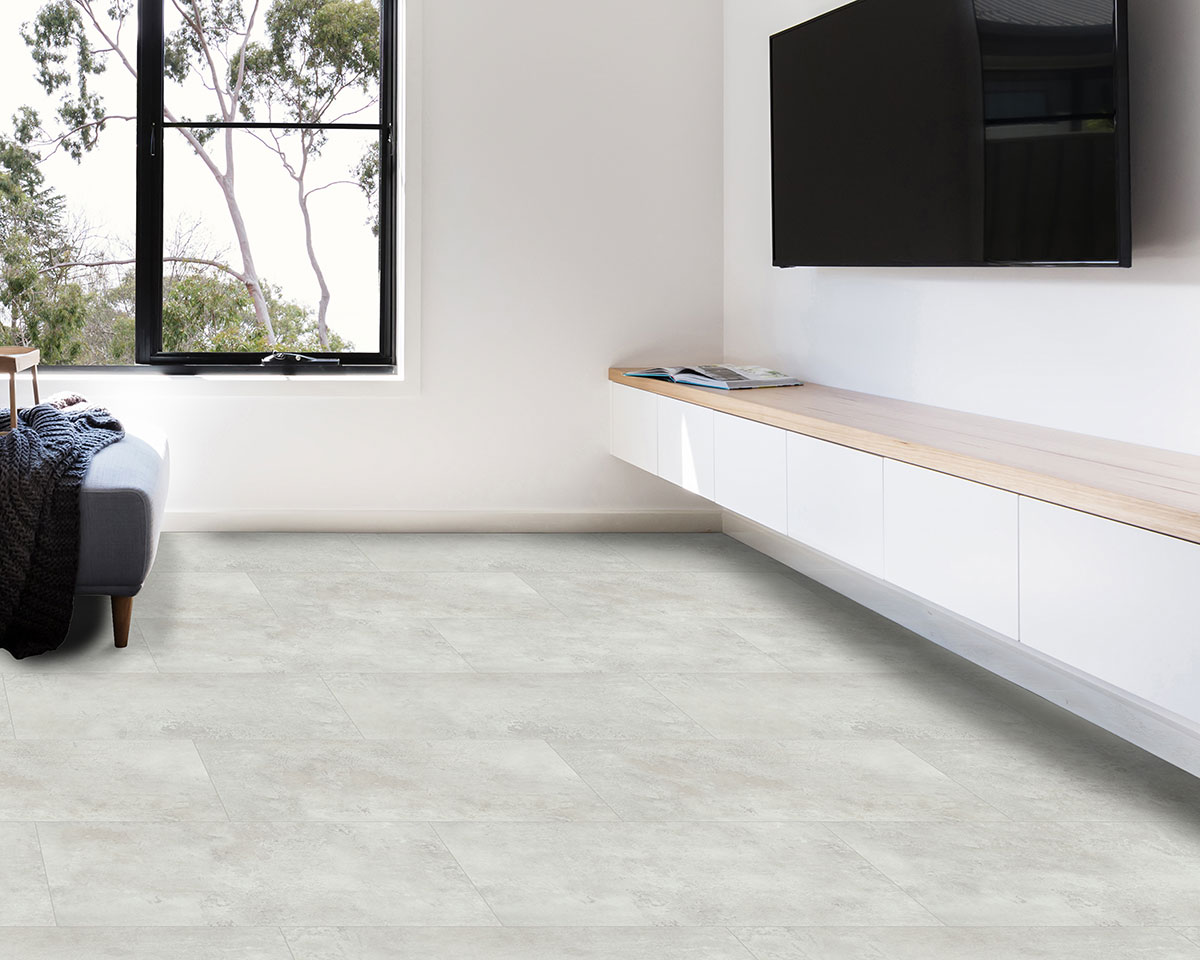 Mountains Gray Luxury Vinyl Tile floor in living room  