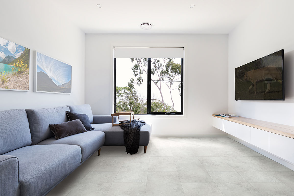 Mountains Gray Luxury Vinyl Tile floor in living room