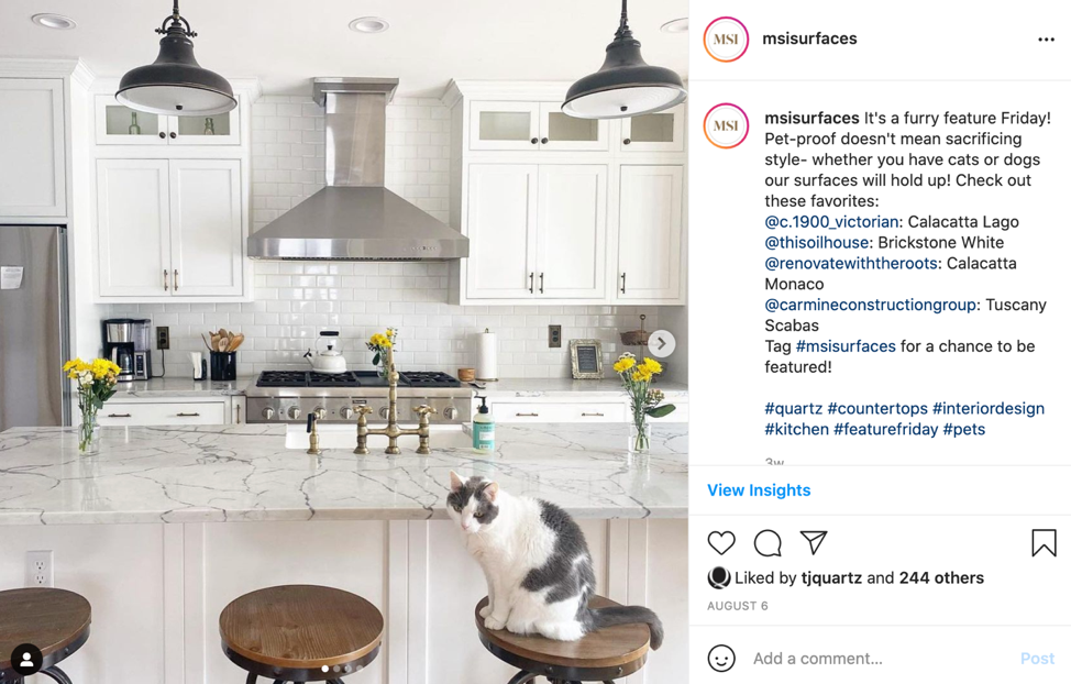 Instagram posting of modern kitchen with marble countertops
