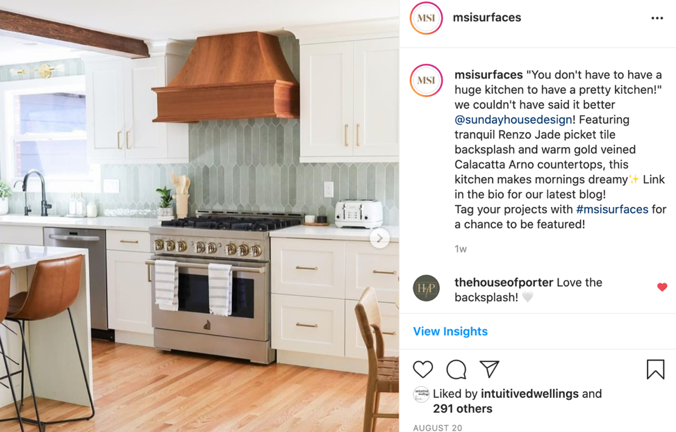 Instagram post of modern kitchen with backsplash tile and countertops