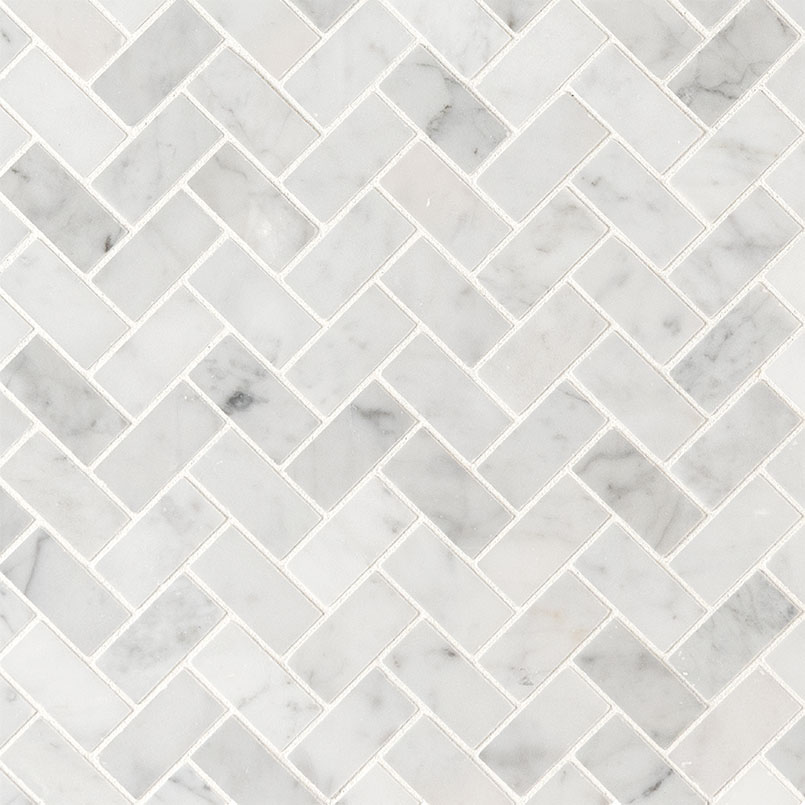 Carrara White 1x2 Herringbone Honed Detail