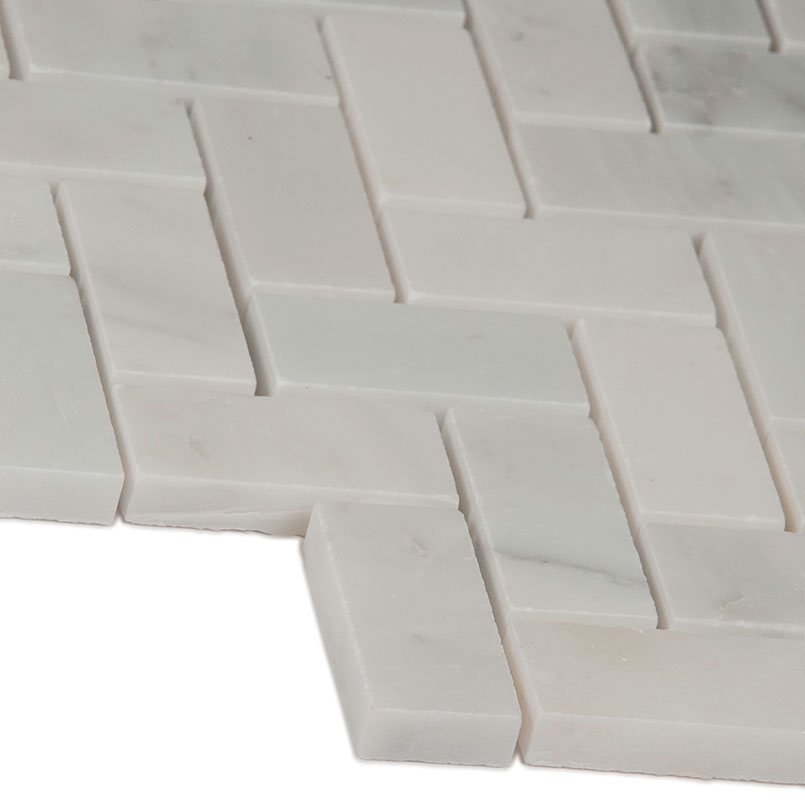 Arabescato Carrara Herringbone Pattern Honed in a Mesh Tile - Herringbone Backsplash