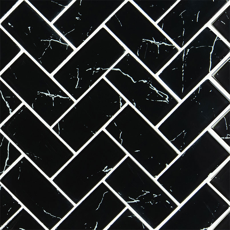 Nero Marquina Glass 2x4 Herringbone Detail