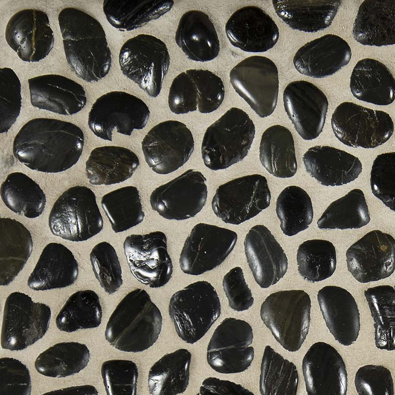 Polished Black Pebbles Meshed 12x12 Pebble Backsplash Detail