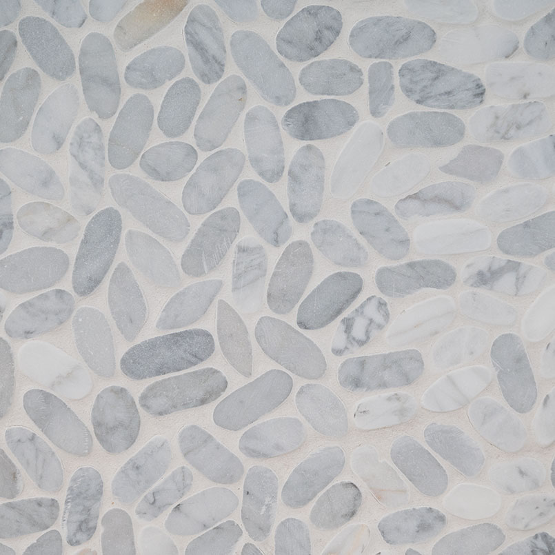 Sliced Carrara White Pebbles Mosaic Tile Detail