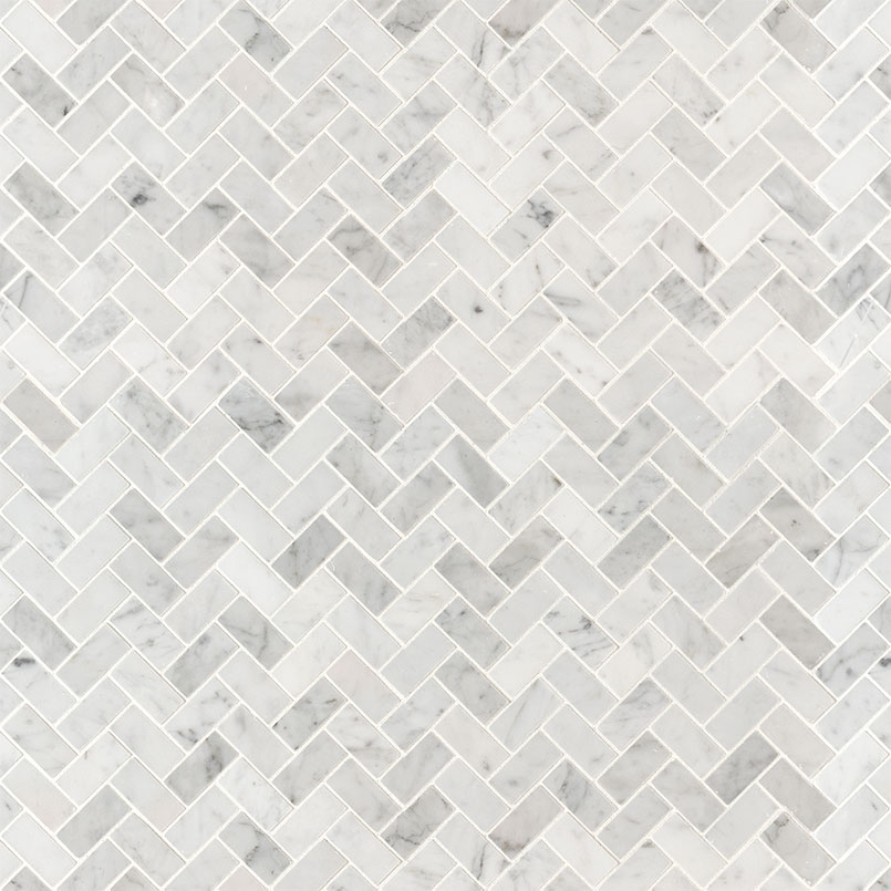 Carrara White 1x2 Herringbone Honed Variation