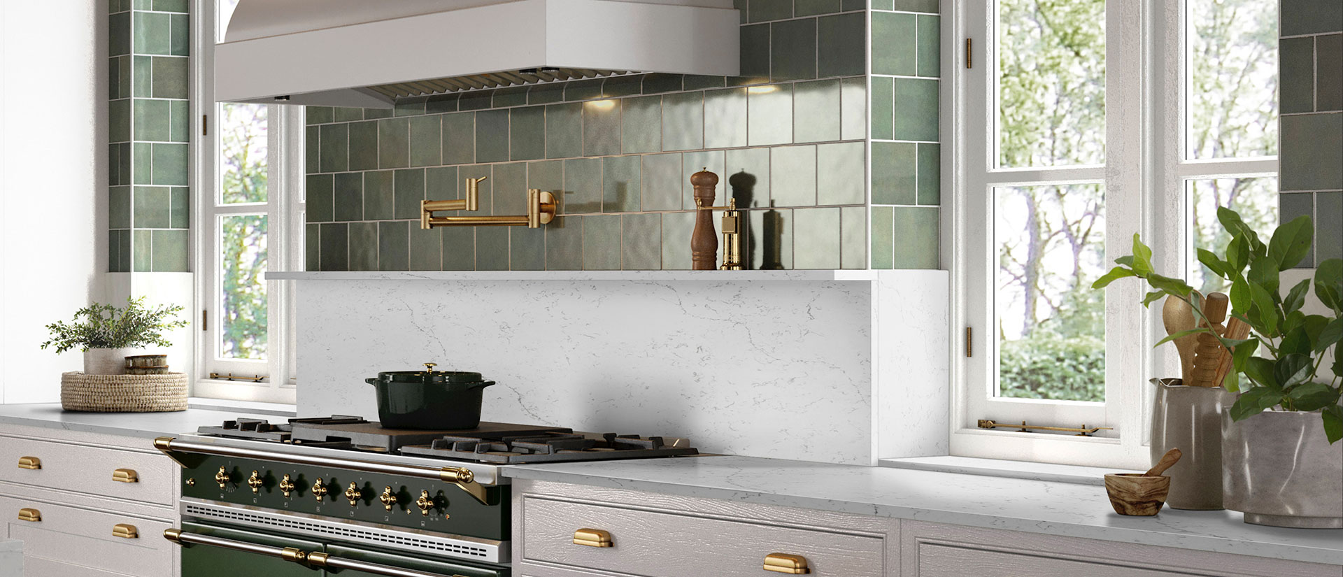 Calacatta Lavasa quartz countertop in a contemporary kitchen with white cabinets