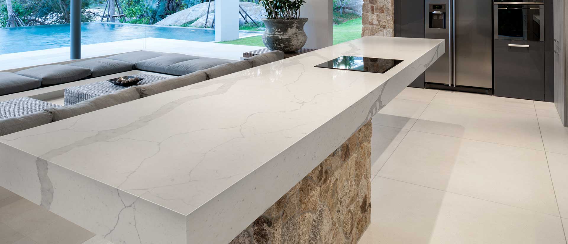 Calacatta Trento quartz countertop in a bright modern kitchen