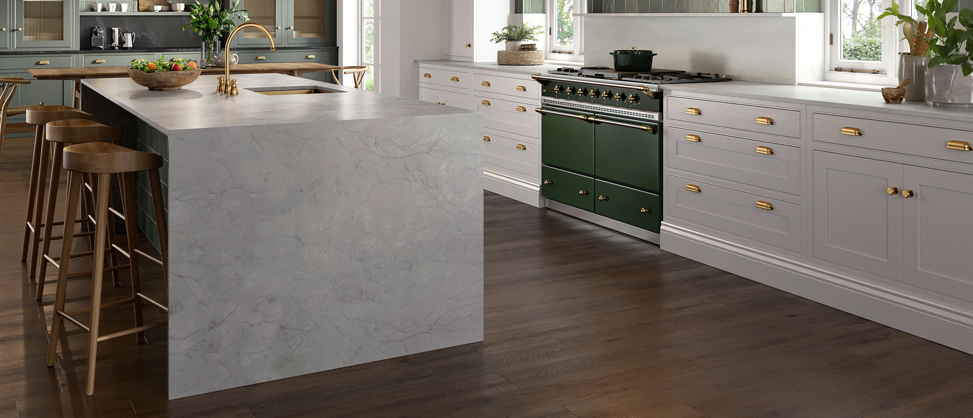 Calacatta Versailles quartz countertop in a contemporary kitchen with wooden cabinets