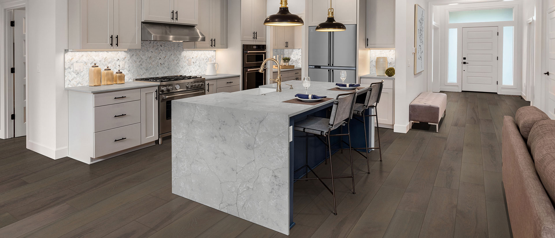 Calacatta Versailles quartz countertop in a contemporary kitchen with wooden cabinets