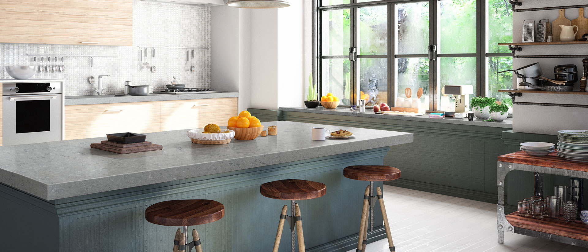 Fantasy Gray Quartz countertop in a contemporary and minimalist kitchen