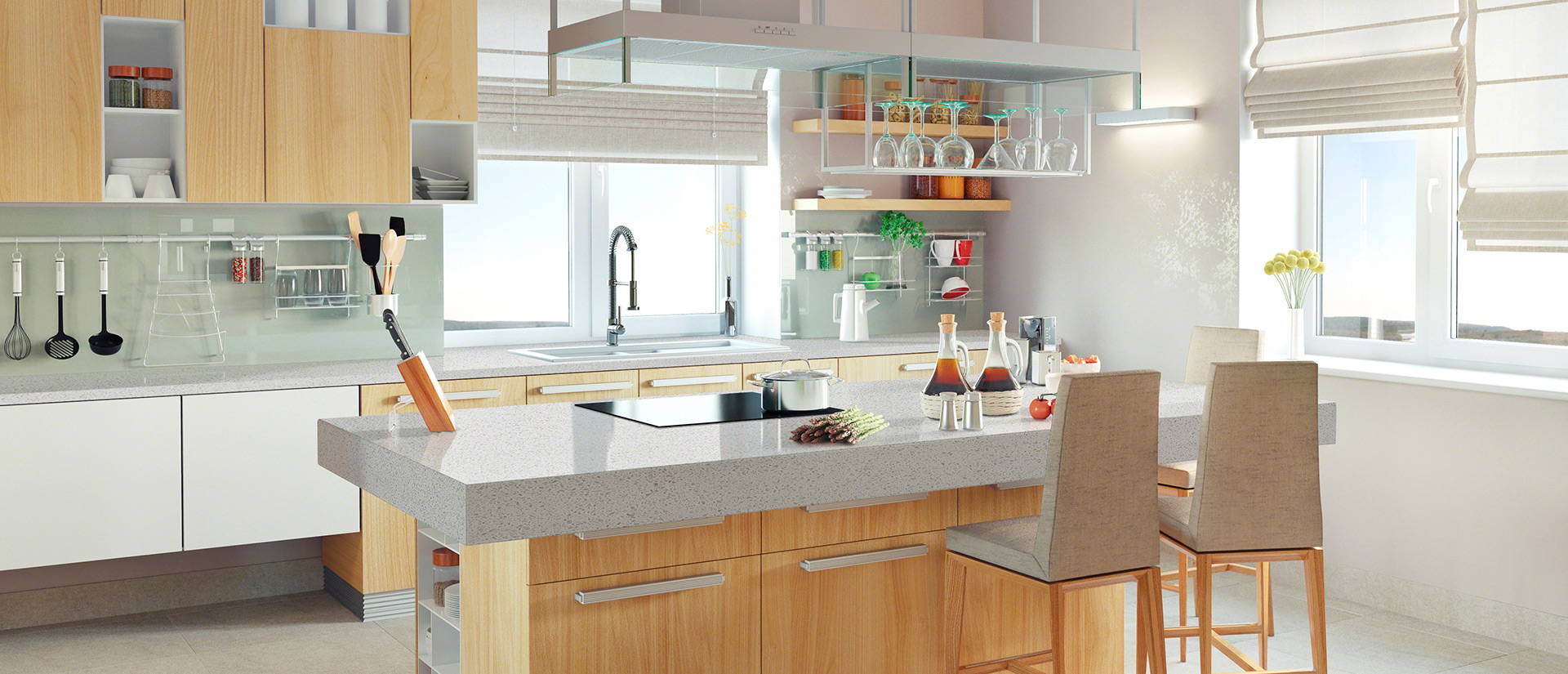 Meridian Gray Quartz countertop in a contemporary kitchen