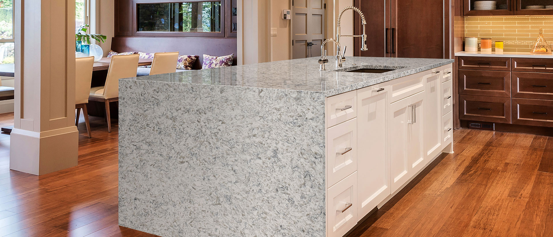 Montclair White Quartz countertop in a contemporary kitchen with a view