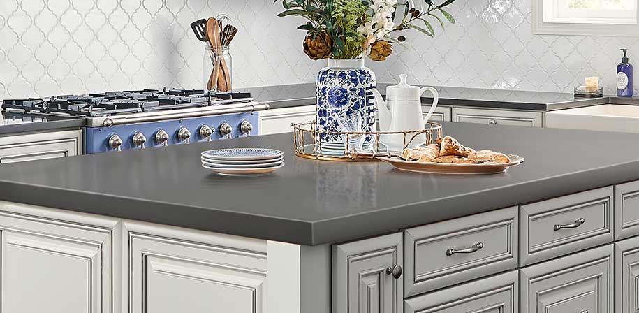 light grey quartz kitchen island