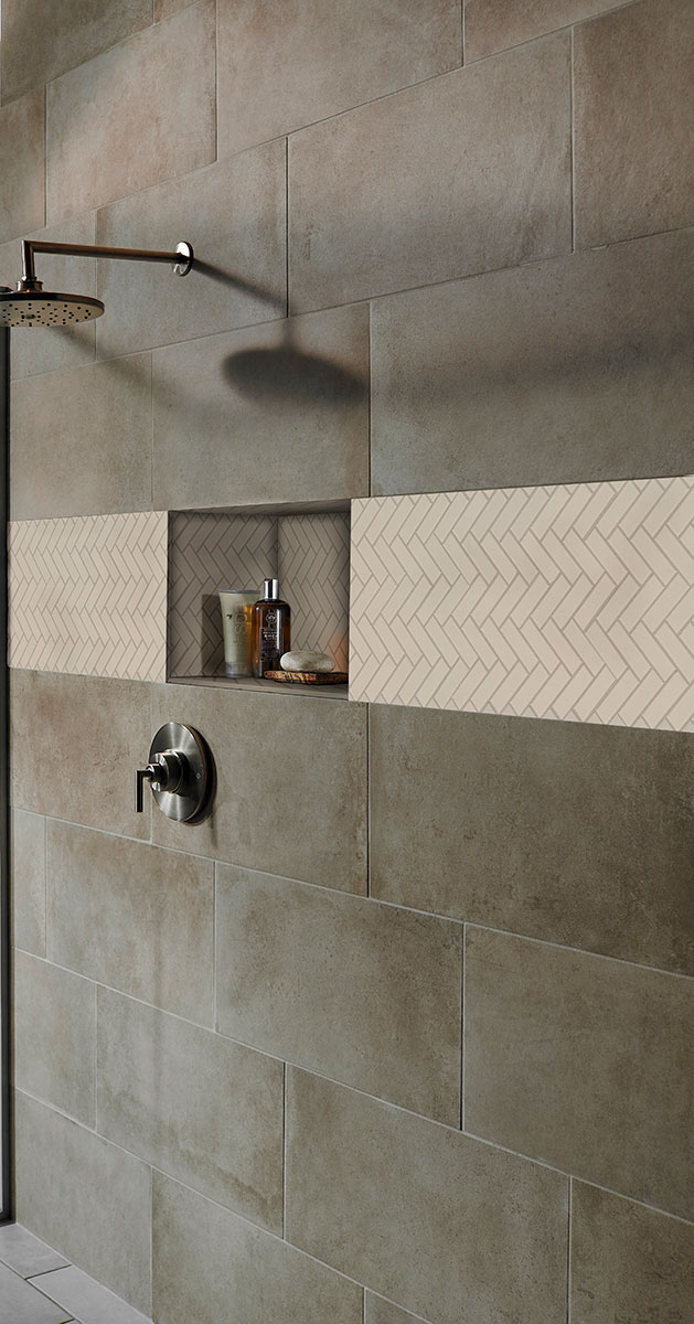 Almond Herringbone Mosaic Tile backsplash near shower surround