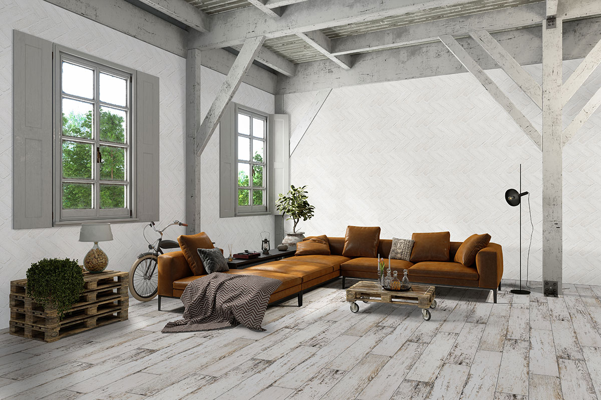 Alpine White Reclaimed Clay Brick Herringbone wall in living room