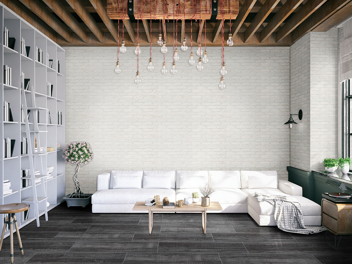 Alpine White Reclaimed Clay Brick wall in living room