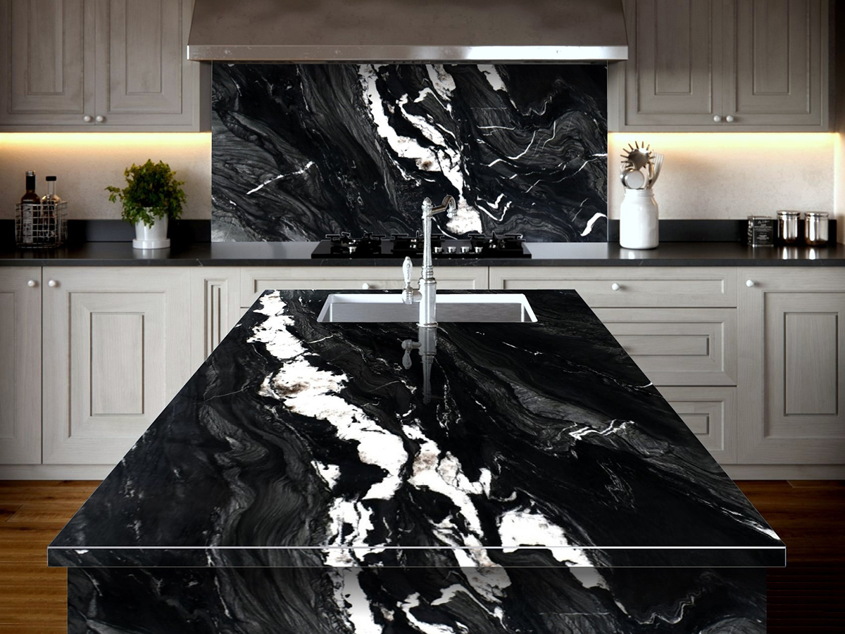 Closeup of Andes Black Quartzite Countertop and Backsplash in Kitchen