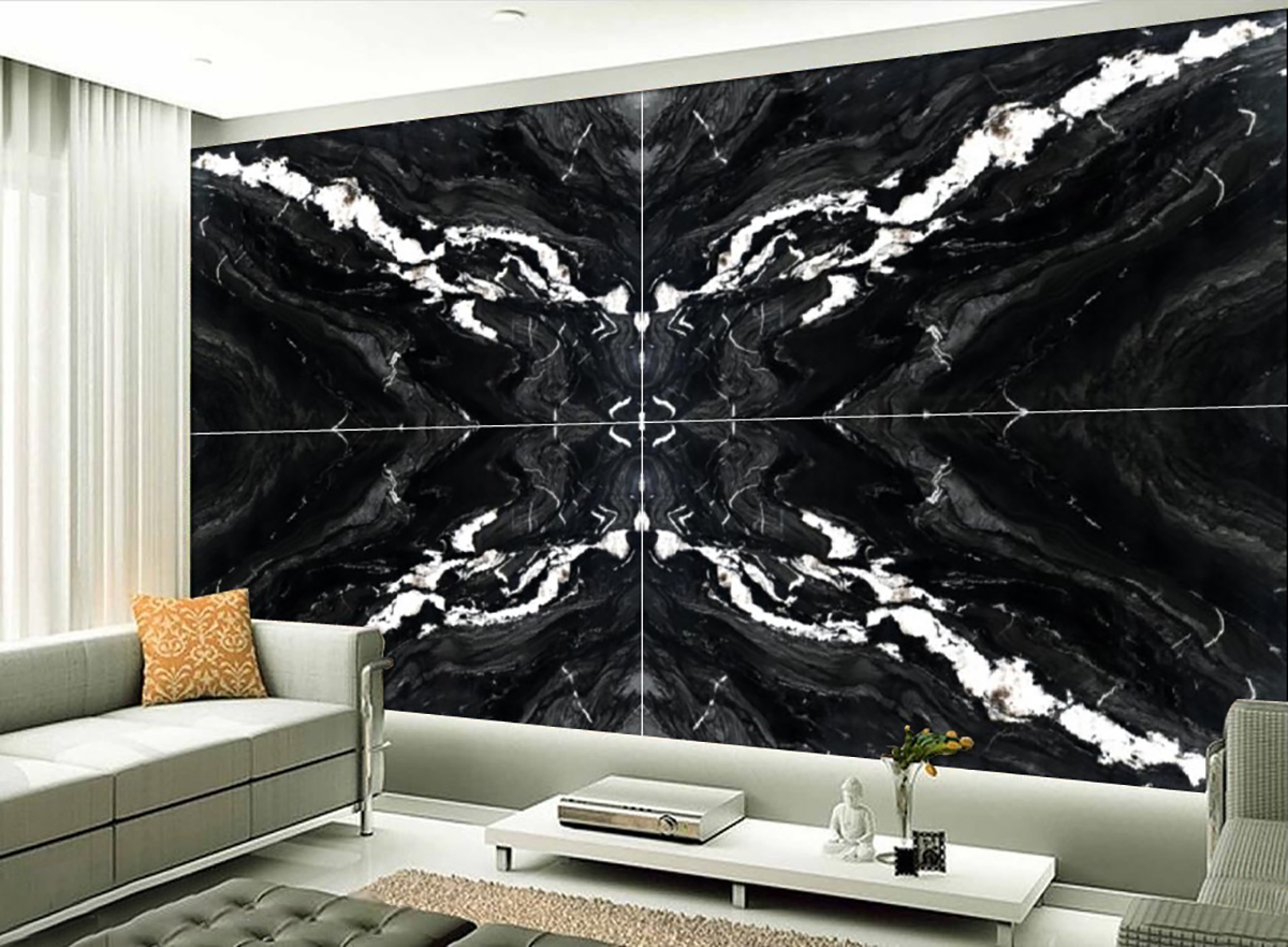 Bookmatched Andes Black Quartzite Wall in Living Room