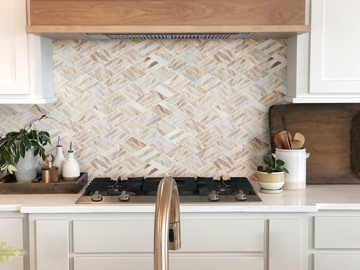 Angora Rhombus Polished Tile backsplash in kitchen