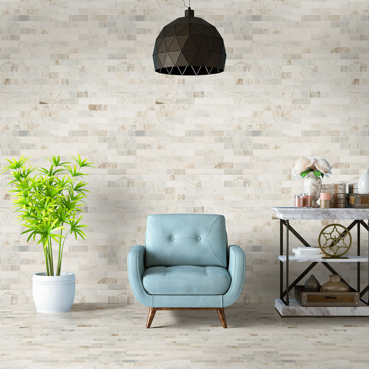 Arabescato Venato White Tile 2x6 wall in living room