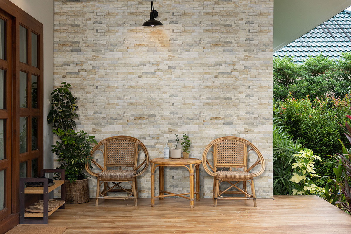 Arctic Golden Stacked Stone wall in outdoor living space