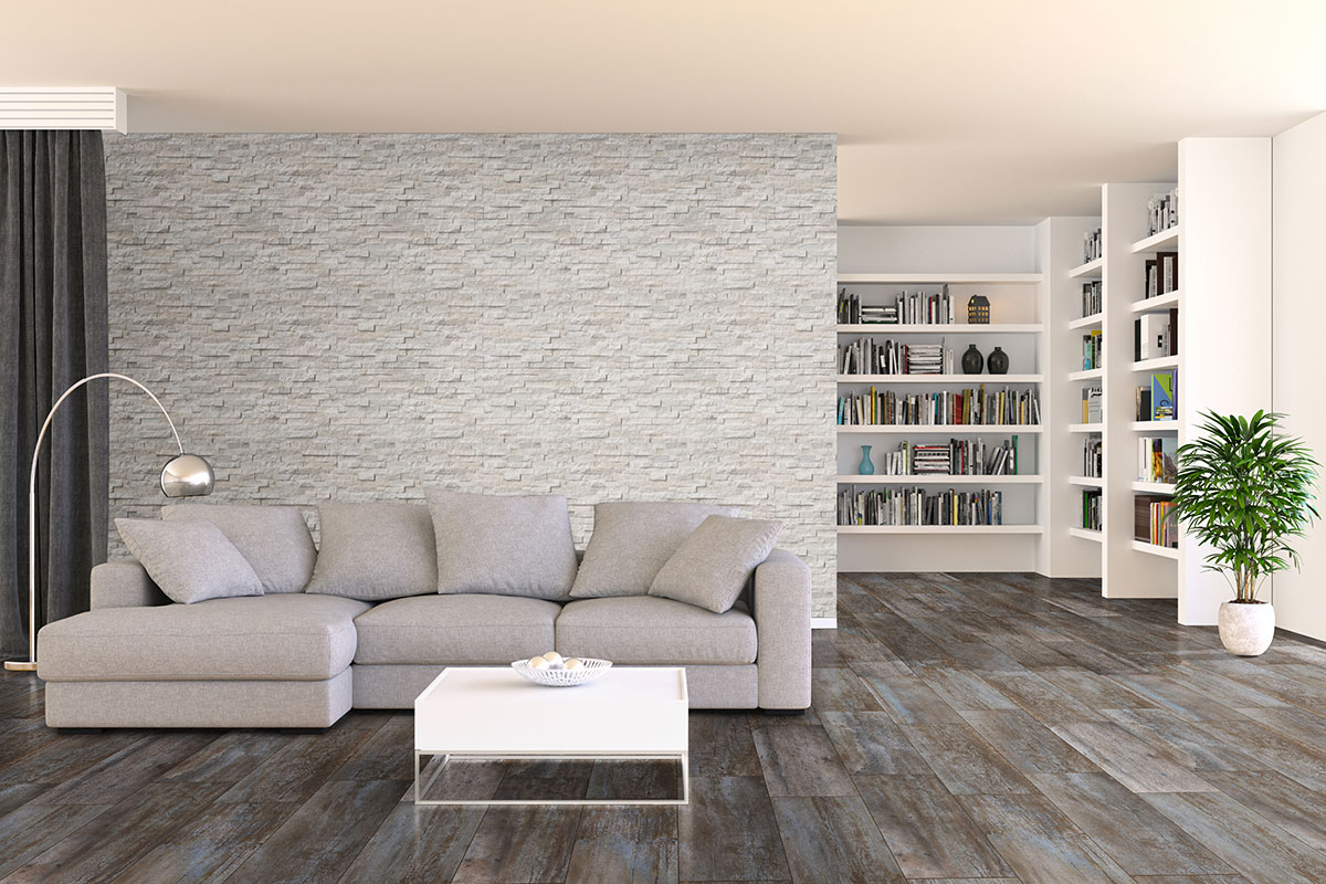 Arctic White Stacked Stone wall in living room