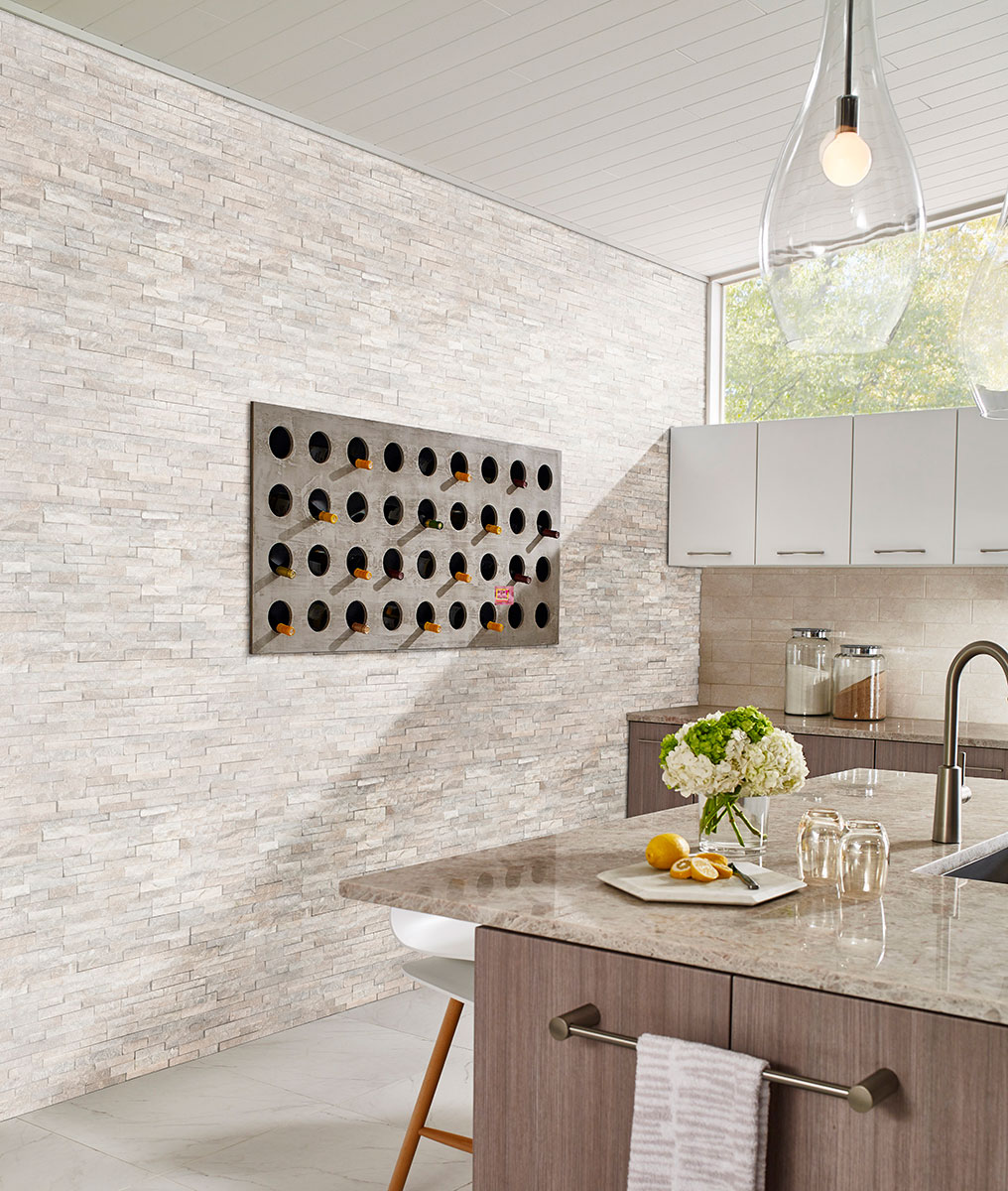 Arctic White Mini Stacked Stone accent wall in kitchen
