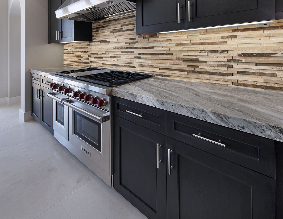 Ashlar Rock Interlocking 3d Pattern In 8x18 Mesh Tile backsplash in kitchen