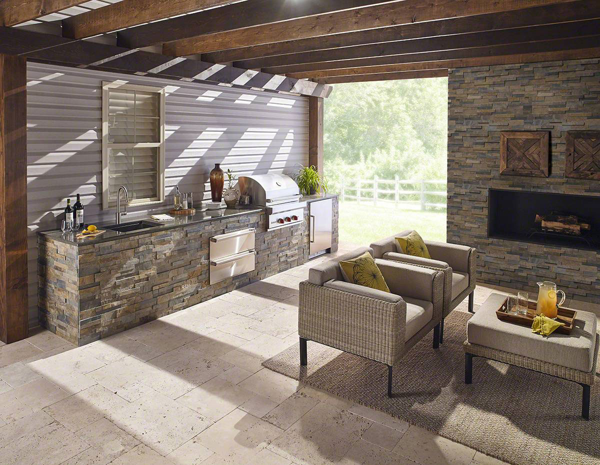 Rustic Gold Stacked Stone wall near fireplace