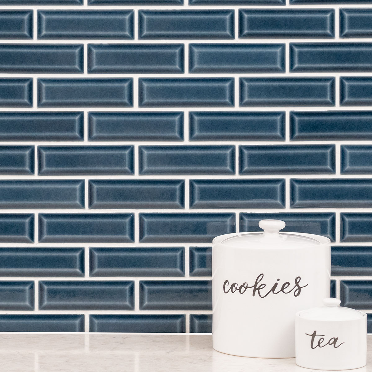Bay Blue Beveled Tile 2x6 wall in kitchen